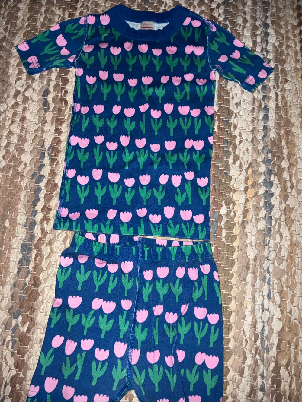 Hanna Andersson Navy Pajama Set with Pink Tulips and Green Stems